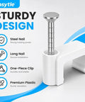 Durable Nail In Cable Clips Set of 100 for 8mm Cords and RJ45 Cat5 to Cat7 Ethernet Cables Flat Wall Mount Clips for Coax Speaker Wire and Cords Easy Install With Hardened Nails and Stable Plastic. White plastic nail-in cable clip with steel nail