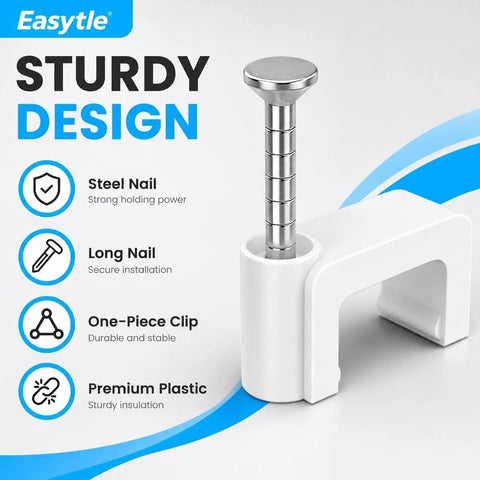 Durable Nail In Cable Clips Set of 100 for 8mm Cords and RJ45 Cat5 to Cat7 Ethernet Cables Flat Wall Mount Clips for Coax Speaker Wire and Cords Easy Install With Hardened Nails and Stable Plastic. White plastic nail-in cable clip with steel nail