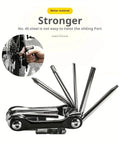 11-In-1 Bicycle Repair Kit For Mountain Bikes With Wrench, Screwdriver, Chain Tool shown folded and in use on wheel