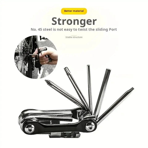 11-In-1 Bicycle Repair Kit For Mountain Bikes With Wrench, Screwdriver, Chain Tool shown folded and in use on wheel