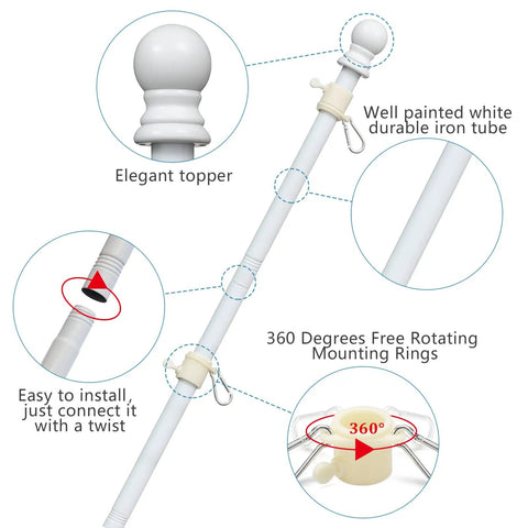 Patriotic Flag Pole Kit With 3x5 American Flag 5Ft Heavy Duty Tangle Free Pole Embroidered US Flag Aluminum Mount Bracket Metal Outdoor Flag Pole For House Porch Garden White Finish, showing features like easy installation and 360-degree rotation.