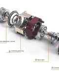 Top Shelf Helical Planetary Gearbox Serving Up Bulletproof Five Arc Minute Precision And A Reliable Five To One Ratio For Ac Servo Motors Featuring Knockout Torque Output On An Eight Millimeter Input Shaft, exploded view of components.