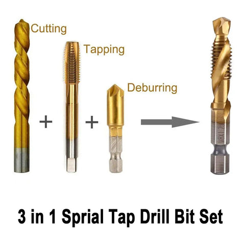 Six Piece Titanium Drill And Tap Bit Set With Center Punch Tool, One Quarter Inch Hex Shank HSS SAE Screw Tapping Bits For Drilling Tapping And Countersinking, Works From M3 To M10
