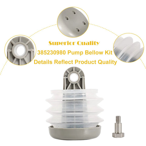 Front view of Dometic/Sealand pump bellows kit with clear accordion bellows and mounting bolt