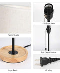 Modern Wood Bedside Lamp With Linen Fabric Shade And Sturdy Base details including bulb base and plug