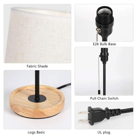 Modern Wood Bedside Lamp With Linen Fabric Shade And Sturdy Base details including bulb base and plug