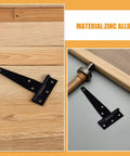 Eight-Piece Black Zinc Alloy T-Shaped Gate Hinges With Triangular Support for Wood and Metal Doors shown on wood board