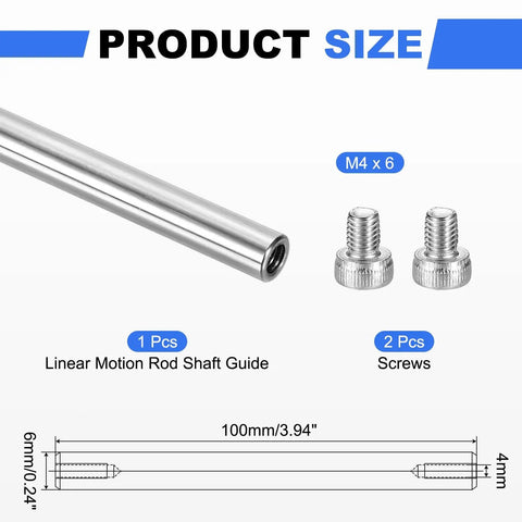 Beefy Linear Motion Rod Guide 6x100mm Chrome Plated Hollow Steel Shaft With 4mm Inner Hole And M4 Screws For 3D Printers And CNC Machines Smooth Glide Easy Mount High Precision Linear Guidance, 1pc with 2 screws