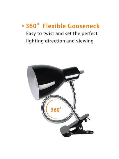 Eye-Caring Clip On Desk Lamp With 360 Degree Gooseneck Reading Light, black lamp with flexible gooseneck and clamp