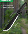 19 Inch Machete With Saw And Sheath, Sharp Blade, Ergonomic No Slip Handle For Bushcraft, shown with dimensions