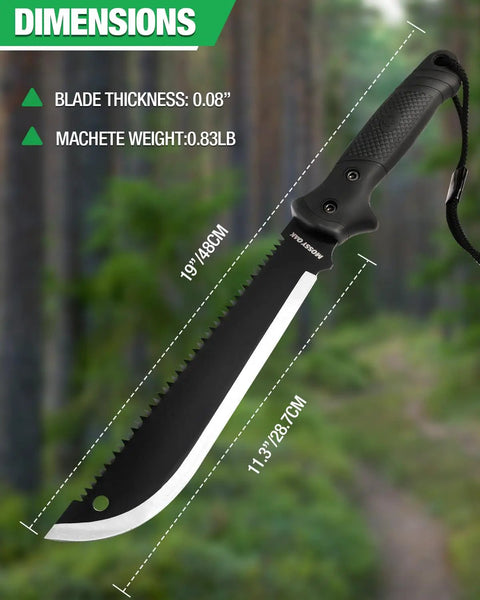 19 Inch Machete With Saw And Sheath, Sharp Blade, Ergonomic No Slip Handle For Bushcraft, shown with dimensions