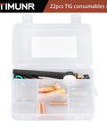 Pro TIG Welder Kit 22 Piece Set with stubby gas lens, clear glass cups, and WP 17 18 26 components in a transparent box
