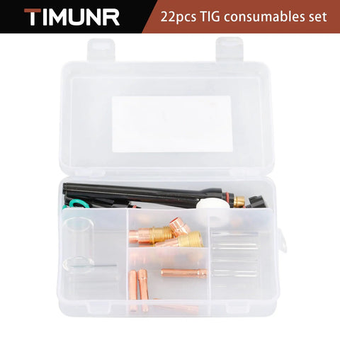 Pro TIG Welder Kit 22 Piece Set with stubby gas lens, clear glass cups, and WP 17 18 26 components in a transparent box