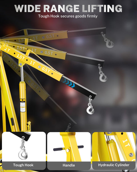 Heavy Duty 2 Ton Hydraulic Engine Hoist Crane Folding Cherry Picker With 4400 Lbs Capacity showing tough hook, handle, and hydraulic cylinder.
