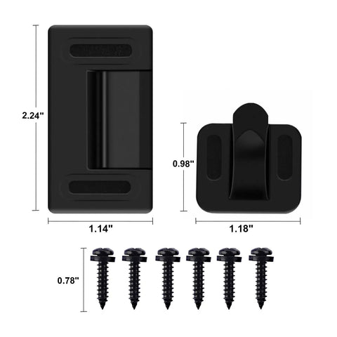 Left Metal RV Screen Door Latch Kit With Left Hand Handle showing zinc alloy parts, plastic latch, and screws for camper security.