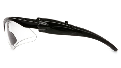 Side view of Black Frame Safety Glasses With Clear Anti Fog Lenses And LED Temples, Ventilated Design, showed on white background