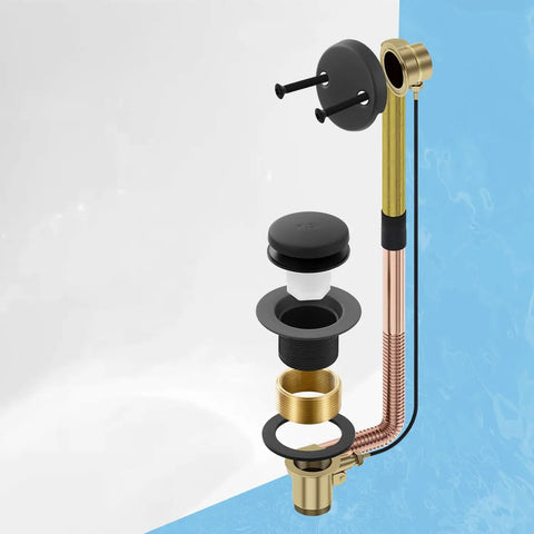 Heavy Duty Solid Brass Tub Drain Kit With Matte Black Finish And Universal Fit For Quick Bathroom Upgrades No Sweat Installation, disassembled view.