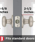 Juno Interior Privacy Door Knob With Lock For Bedroom And Bathroom Satin Nickel Finish shown on standard door sizing.