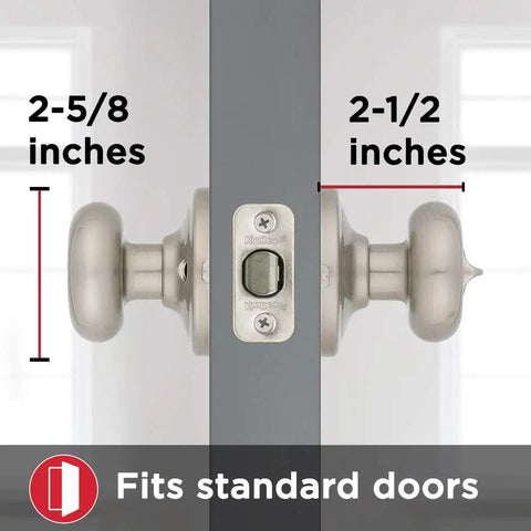 Juno Interior Privacy Door Knob With Lock For Bedroom And Bathroom Satin Nickel Finish shown on standard door sizing.