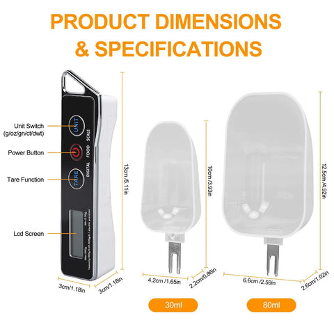 Must Have Digital Kitchen Scale And Measuring Spoon Duo With 0.05g Precision Up To 500g, showing dimensions of 30ml and 80ml spoons