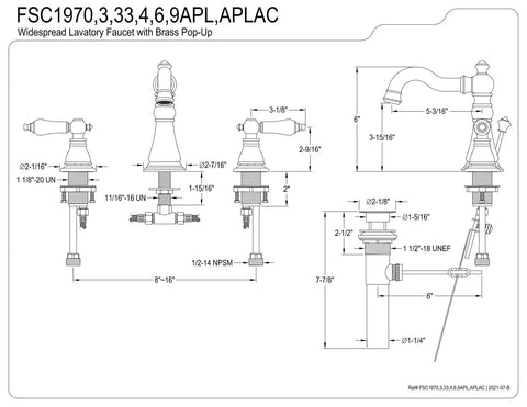 Technical drawing of American Patriot Widespread Bathroom Faucet With Brass Pop Up Drain Black Stainless Finish Boss Build Solid Brass Construction 8 To 16 Inch Deck Mount 3 Hole Bath Faucet Ceramic Disc Cartridge 1.2 GPM Flow At 60 PSI, showing dimensions and installation details.