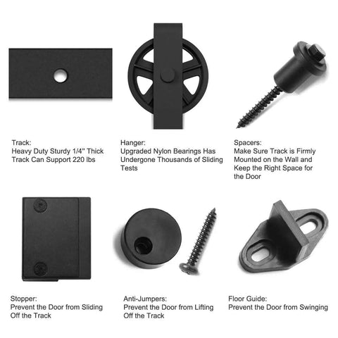 Components of Heavy Duty Seven Point Five Foot Sliding Barn Door Hardware Kit Black With Industrial Bigwheel Hangers For Doors Up To 42 To 45 Inches