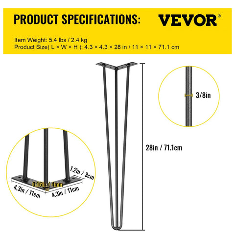 Beefy Hairpin Table Legs 28 Inch Black Set Of 4 showcasing specifications, 3/8 inch rod thickness, carbon steel, powder coated