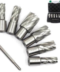 OSCARBIDE 7-piece annular cutter set with Weldon shanks, 1" cut depth, 1/2"–1-1/16" dia, HSS mag-drill kit with pilot pin and case