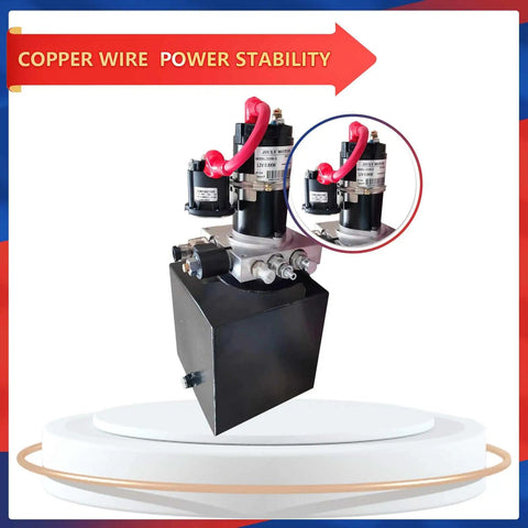 Portable 12V Hydraulic Power Unit For Car Lifts And Dump Trailers, compact design with copper wire, shown on display stand