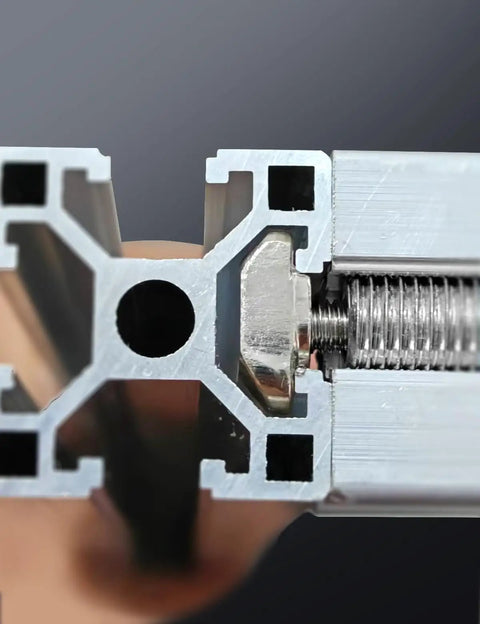 Close-up of Premium 20 Pack One Quarter Inch Twenty Thread Pitch T Slot Nut in 4545 aluminum extrusion profile