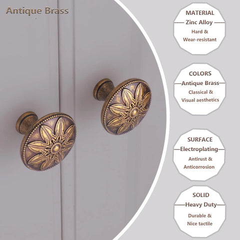 Antique Brass Cabinet Knobs Set Of 4 1.4 Inch Round Vintage Dresser Drawer Handles on white cabinet with material details