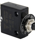Rock Solid Heavy Duty 15 Amp Thermal Circuit Breaker With Manual Reset Push Button Switch For 125 To 250 Vac And Dc Power Protection, side view showing push-button and terminals.