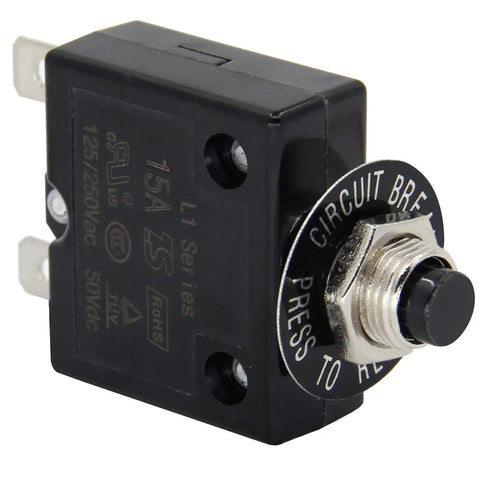 Rock Solid Heavy Duty 15 Amp Thermal Circuit Breaker With Manual Reset Push Button Switch For 125 To 250 Vac And Dc Power Protection, side view showing push-button and terminals.