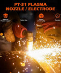 Solid 60 Pack Pt31 Plasma Cutter Consumables With Premium Nozzles Electrodes And Tips For Cut 40 Cut 50 Machines in action emitting sparks.