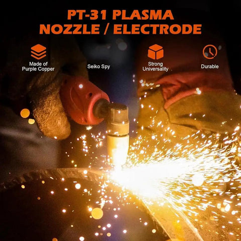 Solid 60 Pack Pt31 Plasma Cutter Consumables With Premium Nozzles Electrodes And Tips For Cut 40 Cut 50 Machines in action emitting sparks.