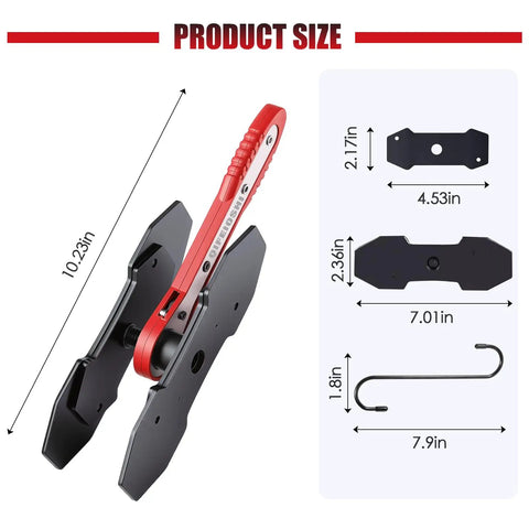 4 In 1 Universal Brake Caliper Tool With 360 Degree Swivel Ratcheting for smooth one hand caliper retraction, red, dimensions shown