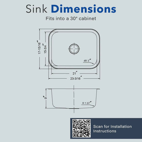 Medallion 23 Inch Classic Series Undermount Stainless Steel Single Bowl Kitchen Sink dimensions diagram