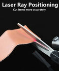 Professional laser-guided scissors, close-up cutting pink leather with red laser line and ergonomic handle, Amazon