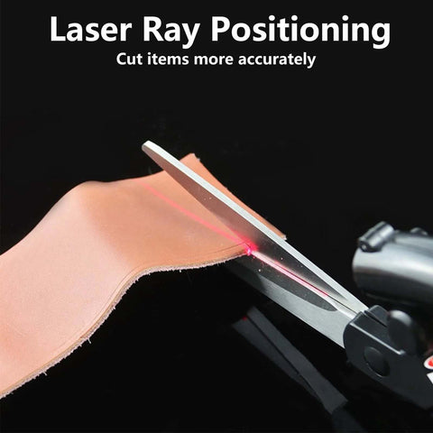 Professional laser-guided scissors, close-up cutting pink leather with red laser line and ergonomic handle, Amazon