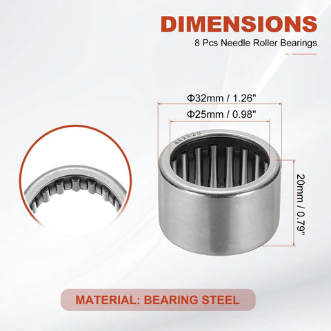 Needle Roller Bearings 25 X 32 X 20 mm Full Complement Drawn Cup Open End 8 Pcs Gearbox Use Steel Silver, dimensions diagram