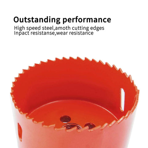 Red hole saw bit with serrated cutting edge, close-up view of cylindrical metal drill attachment