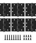 Heavy Duty 4 Point 5 Inch Ball Bearing Door Hinges With Square Corners Matte Black Finish Six Pack and screws laid out for installation.