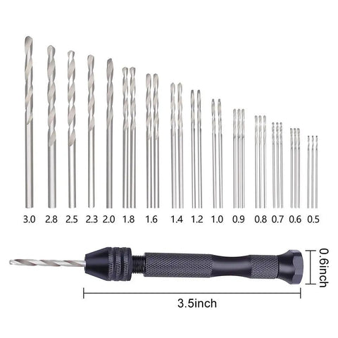 Pro Grade Pin Vise Hand Drill Kit Featuring 30 High Speed Steel Twist Bits And A Solid Mini Carving Clamp, includes 30 steel bits and hand vise.