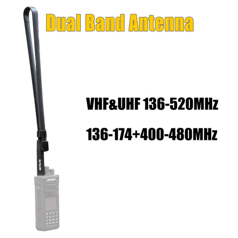 Foldable 29 Inch VHF UHF Ham Radio Antenna With SMA Female Connector attached to radio, dual band, high gain 5dBi.