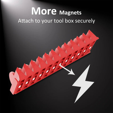 Red Magnetic Modular Wrench Organizer Set for Tool Drawers with Metric and SAE Labels, magnetic rack shown from the side view.