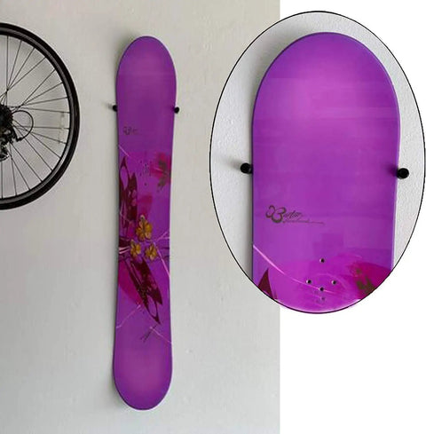 Heavy Duty Snowboard Wall Mount Display Hanger And Ski Storage Rack Featuring Invisible Floating Design showcasing a purple snowboard.