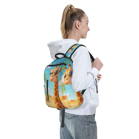 Person wearing Cool Giraffe Desert Print Sunglasses Dual-Shoulder Backpack, lightweight daypack for travel, durable polyester canvas.