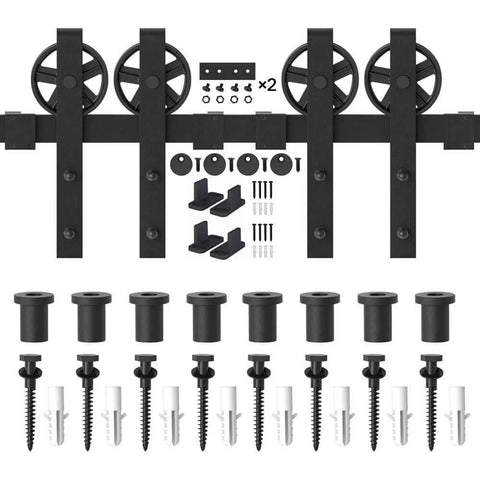 Heavy Duty Sliding Barn Door Hardware Kit For Wood Doors Double Track With Big Spoke Wheel Rollers Black Powder Coated Steel