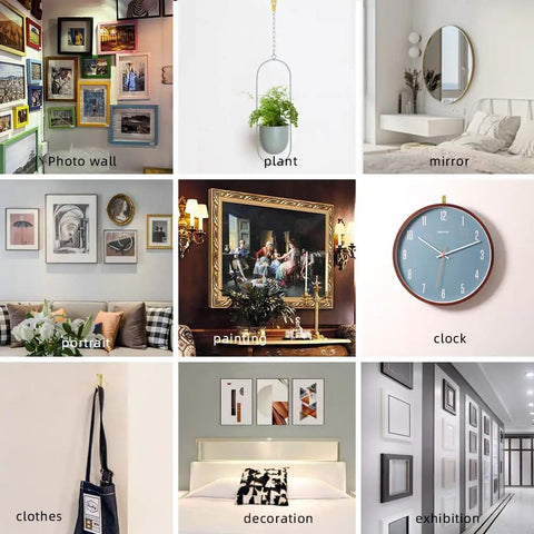 Collage showing various uses of Heavy Duty Picture Hanging Kit with 10-100 lb supports, including frames and mirrors on walls.
