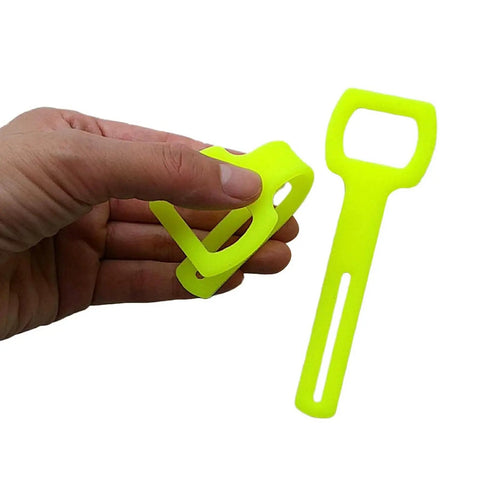 Hand holding fluorescent yellow 4 Piece Silicone Mouthpieces And Octopus Regulator Holder Straps For Scuba Diving with soft silicone